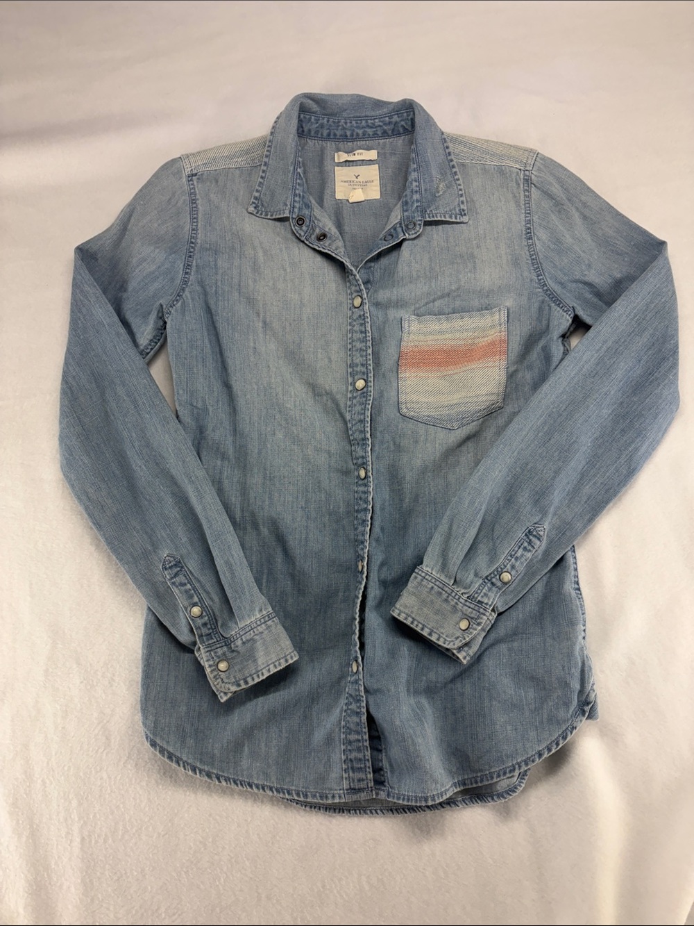 American Eagle Outfitters Light Denim Button-Down with Embroidery Size XS